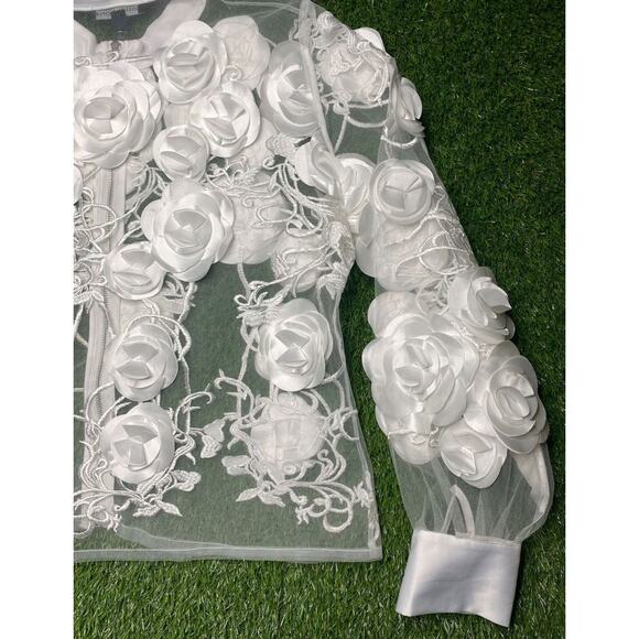 Boston Proper Sheer White Floral Zip-Front Top – M Sexy Luxe Blouse - Picture 6 of 11